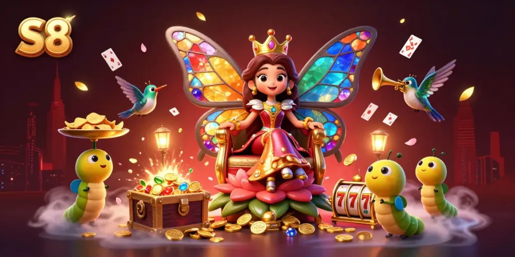 Engage in thrilling casino action with S8 featuring a vibrant butterfly queen surrounded by casino elements.