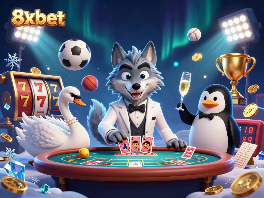 Experience thrilling moments at 8xbet's baccarat table with a debonair wolf, elegant swan, and sophisticated penguin