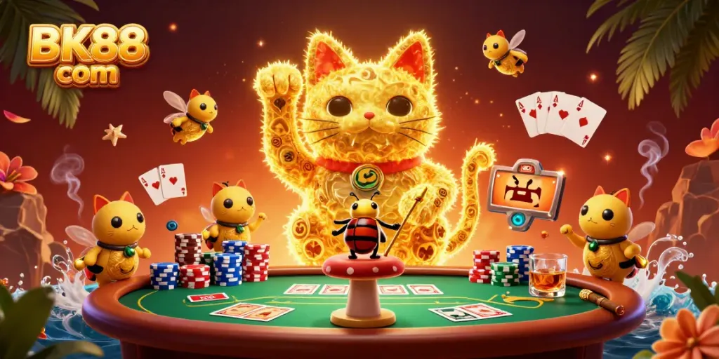 Engaging illustration of BK88 com showcasing a lucky cat and colorful casino symbols in a vibrant casino environment.