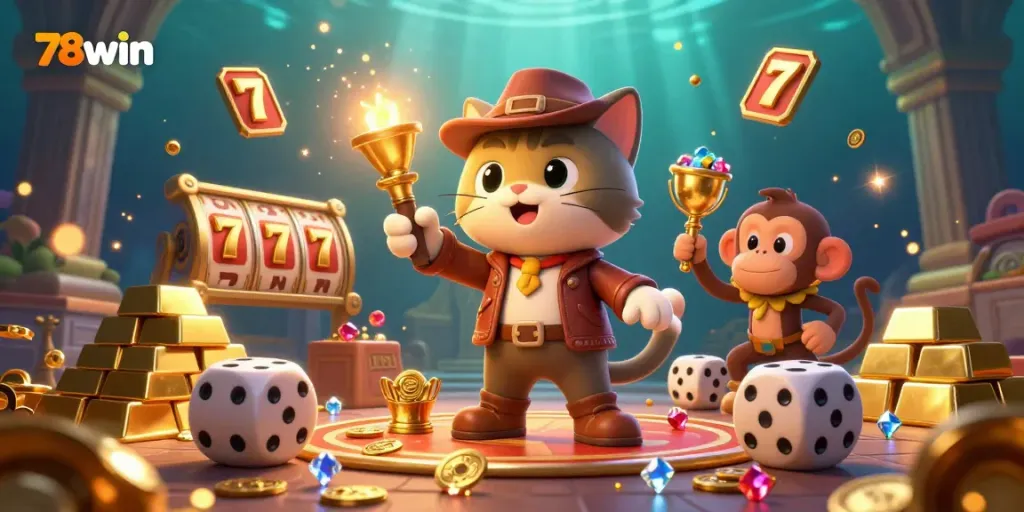 Experience the thrill at 78win with a dynamic scene of winning symbols and treasure.