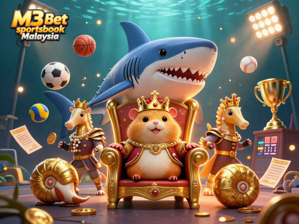 M3 Bet sportsbook Malaysia showcases a golden hamster king in a vibrant underwater casino scene filled with sports-themed decorations and lively elements.