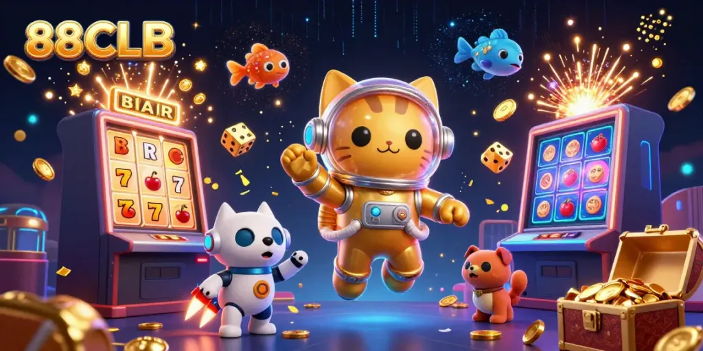Experience excitement with 88CLB as the astronaut cat and robot dog spin the jackpot in a vibrant casino universe.