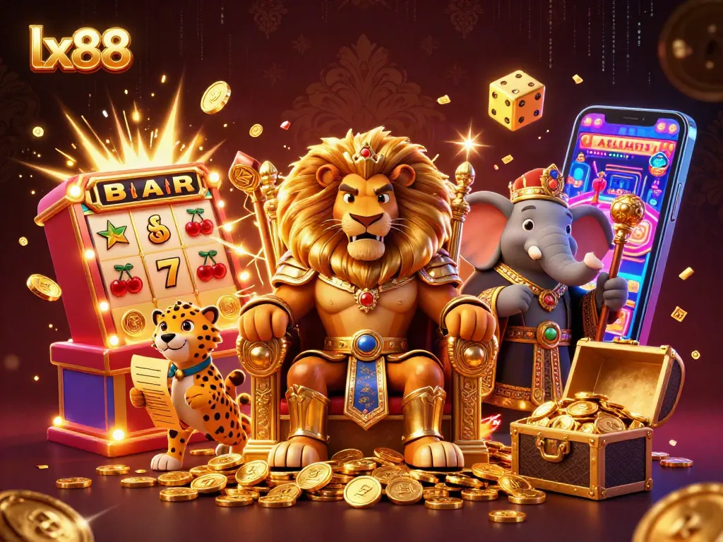 Win big with lx88 at the casino, featuring a lion king and an exciting jackpot scene.