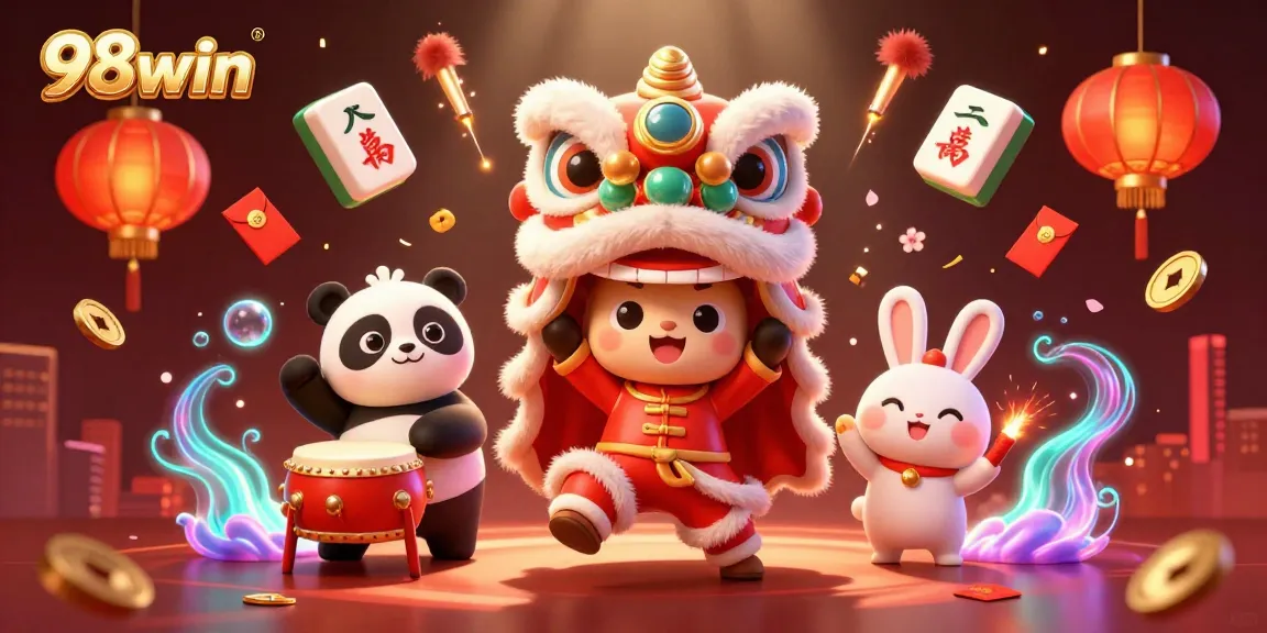 Experience thrilling action in 98win's vibrant casino scene with a festive lion dance.