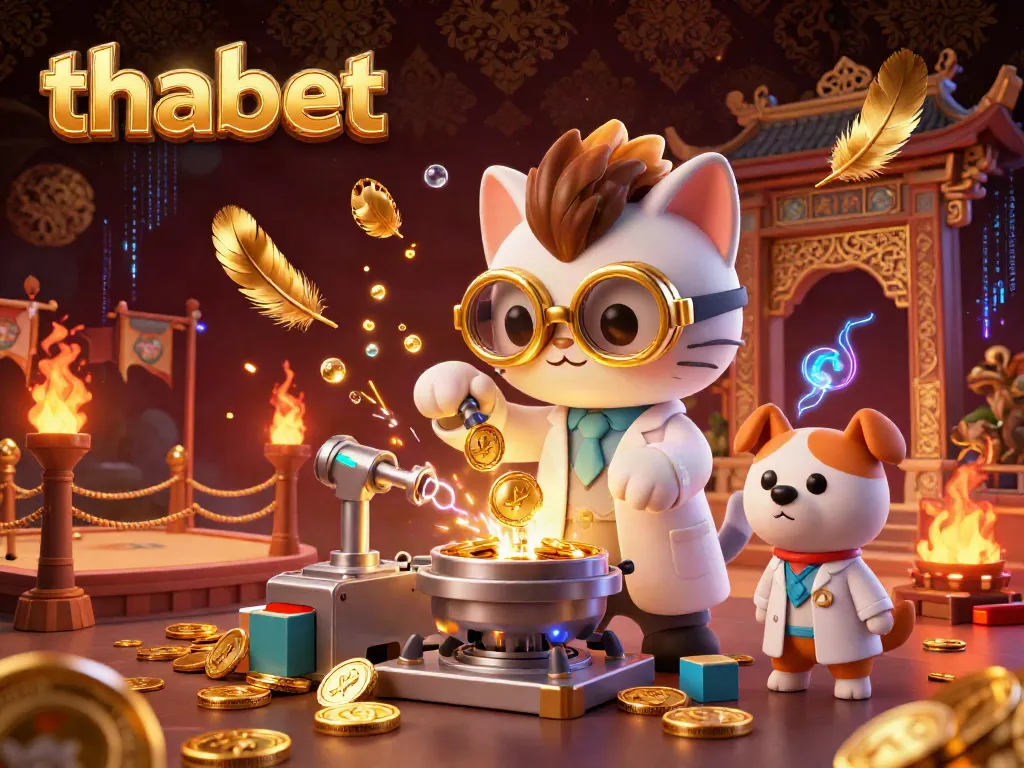 Experience thrilling gameplay at thabet with a cartoonish lab scene depicting a scientist cat and dog amidst gold coins and casino elements.