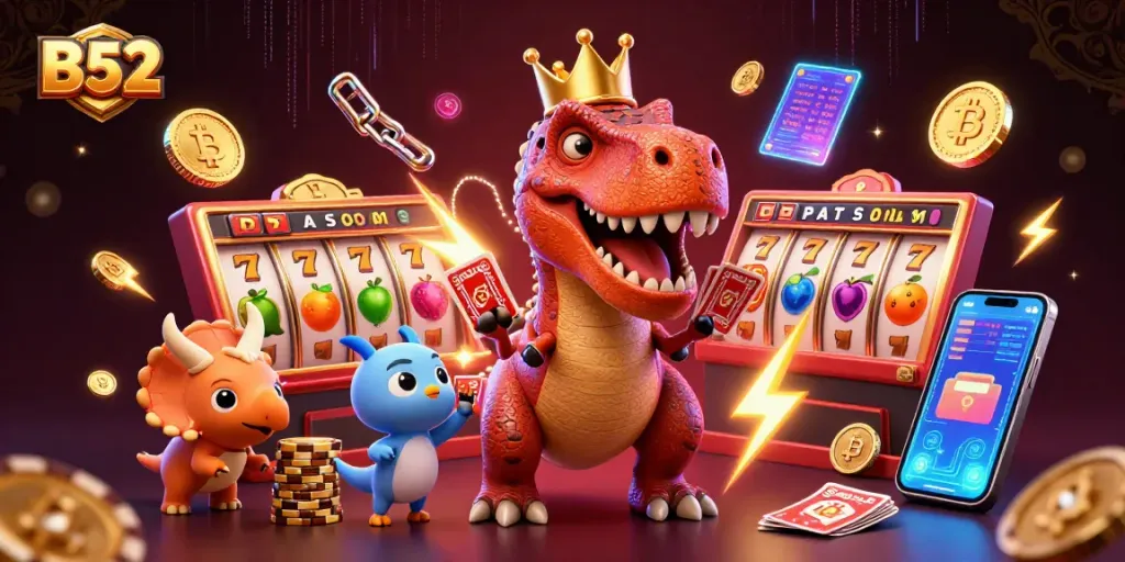 B52 slots action featuring a T-Rex shuffling cards and stacking chips in a colorful casino environment.