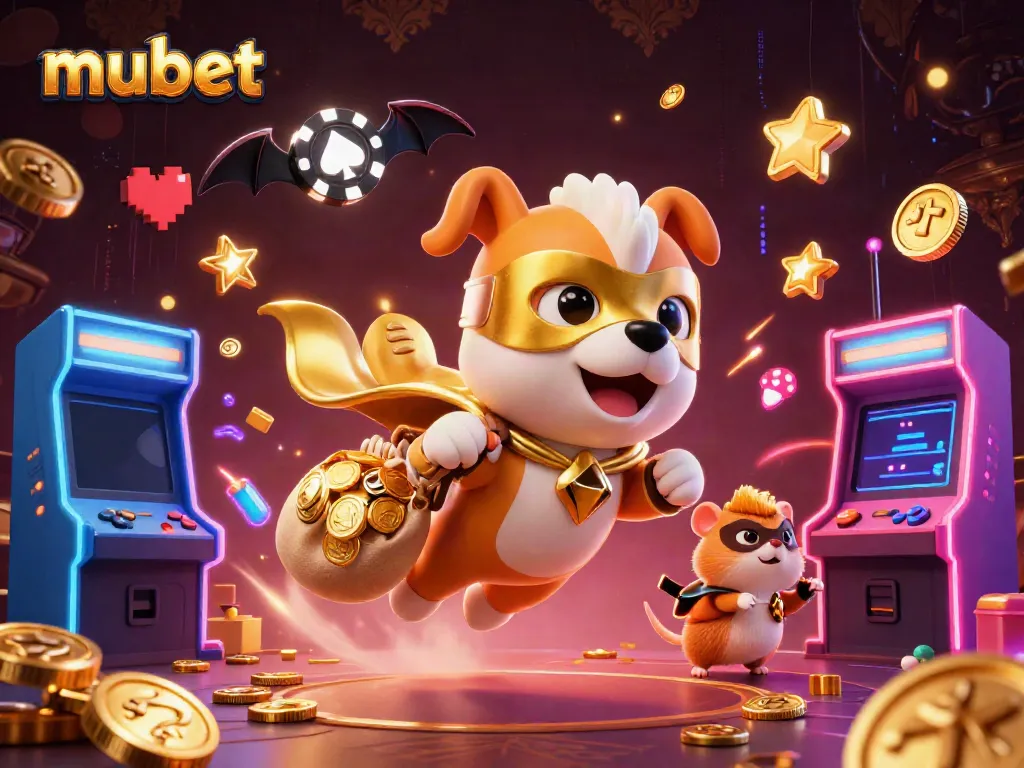 Engage with mubet's dynamic gaming scene featuring a superhero dog and plenty of gold coins.