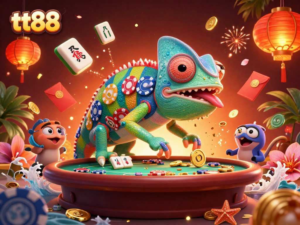 Experience the vibrant casino world of tt88 with a chameleon owner capturing golden coins amidst lively gaming elements.