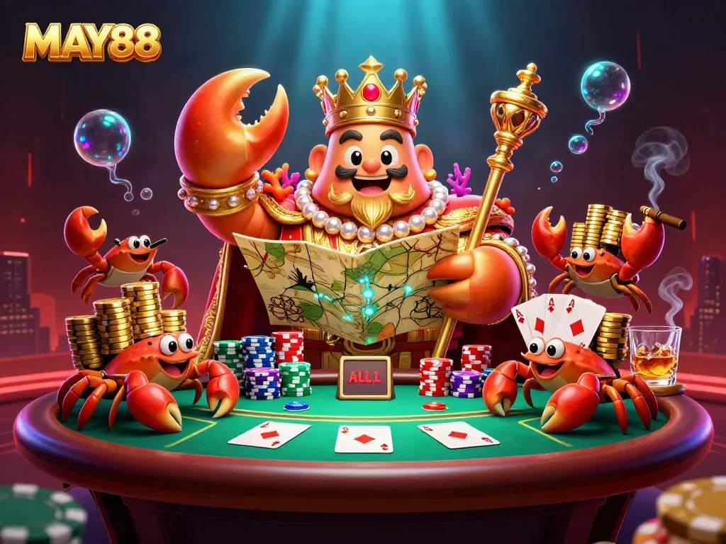 MAY88 offers thrilling gambling with a majestic golden crab emperor holding a scepter, surrounded by poker elements.