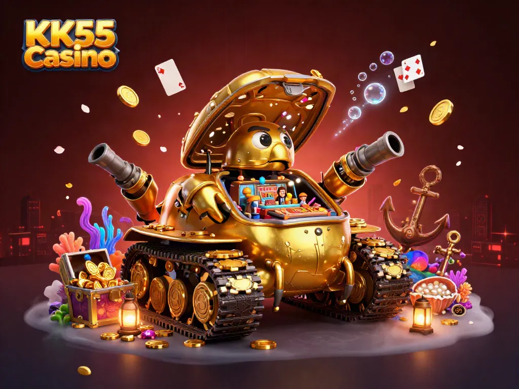 Experience the thrill of KK55 Casino with a dynamic 3D scene featuring a golden beetle tank and underwater treasures.
