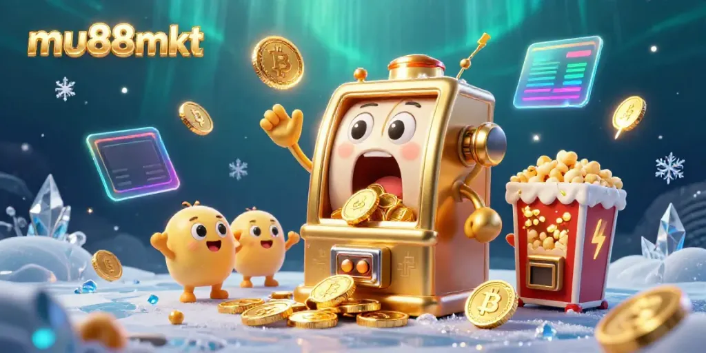 Hit the jackpot with mu88mkt as golden slot machines celebrate coins pouring in, reflecting excitement in a vibrant casino atmosphere.