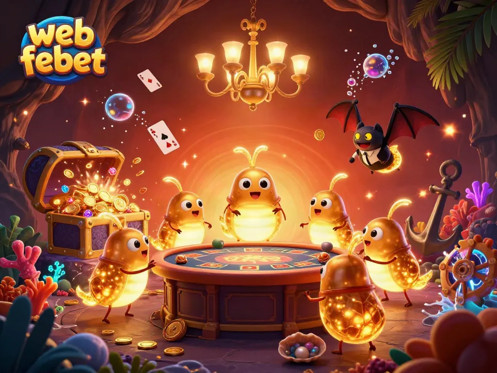 Experience the magic of web febet with bioluminescent glowworms lighting up a vibrant casino scene.