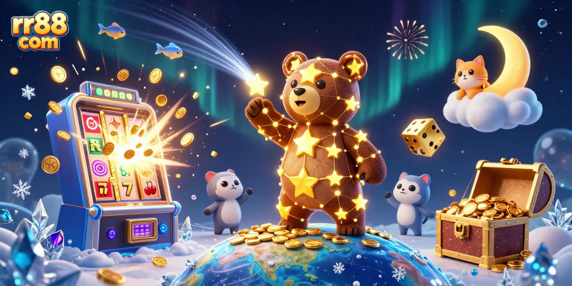 Win big with rr88 com's exciting jackpot scene featuring a constellation bear and dynamic casino elements.