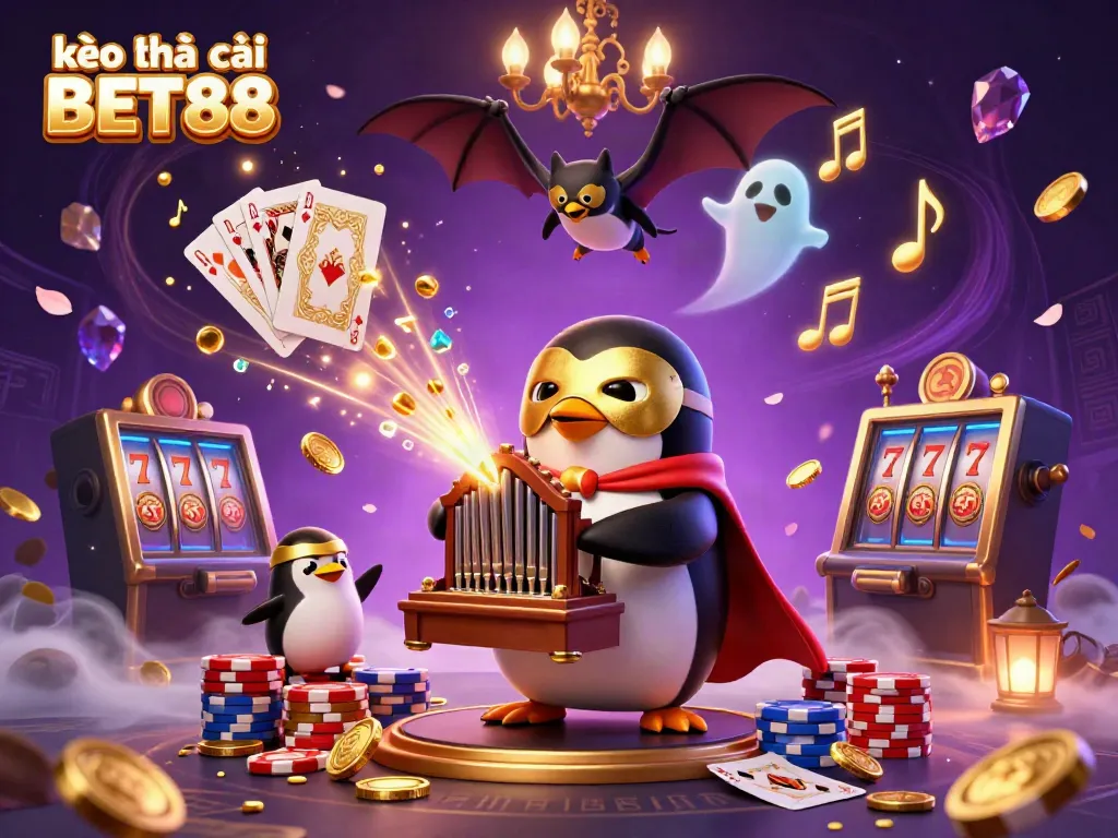 Engage with the dynamic gambling world at kèo nhà cái BET88 featuring a 3D penguin organist amidst flying coins.