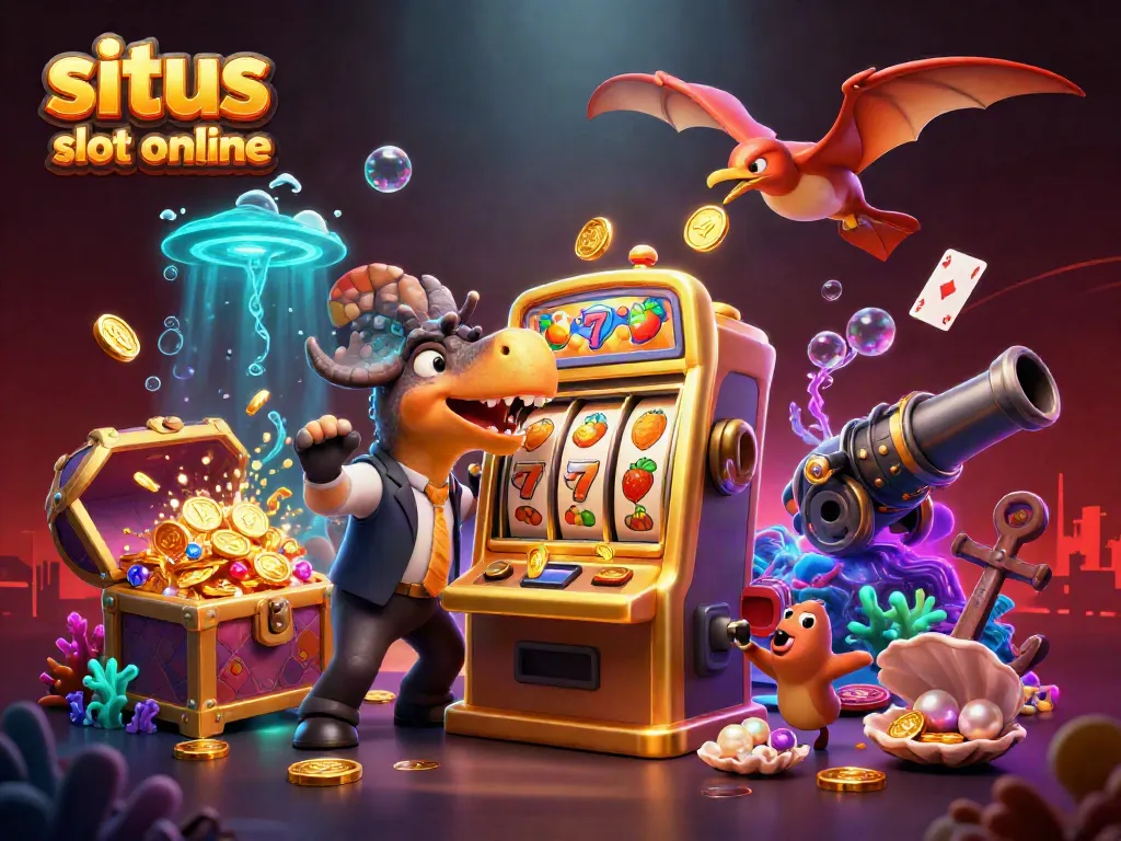Experience the excitement of situs slot online as cartoon dinosaurs interact with slot machines and golden coins.