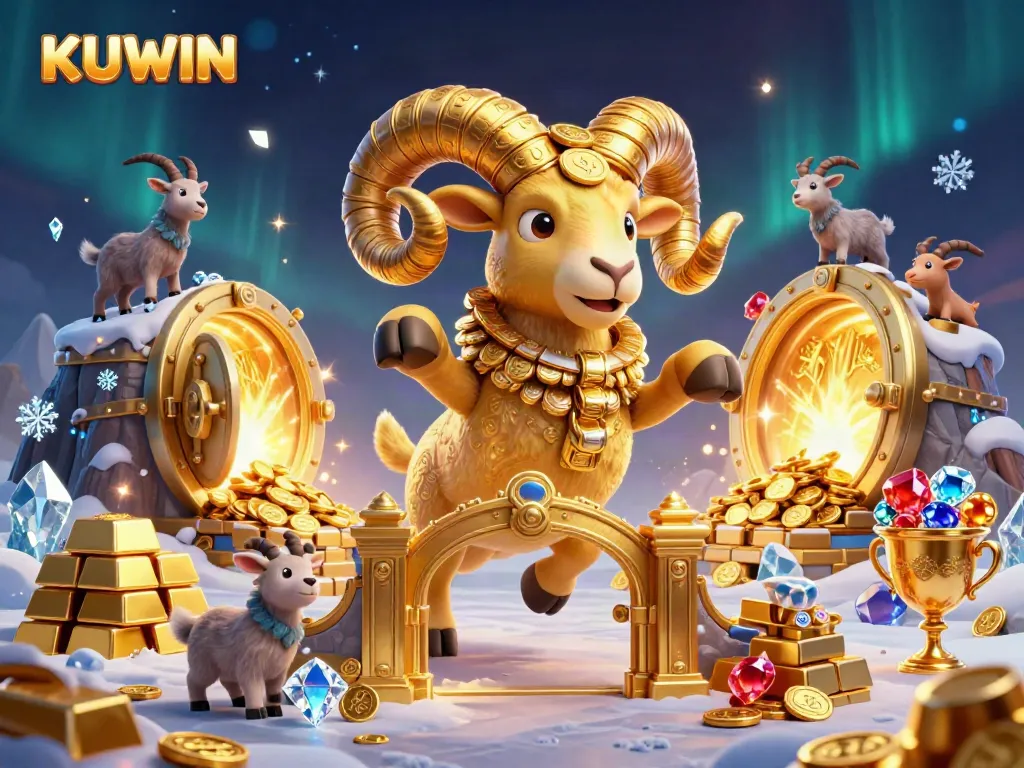 KUWIN showcases a golden ram symbolizing fortune in an exciting casino atmosphere filled with treasures.