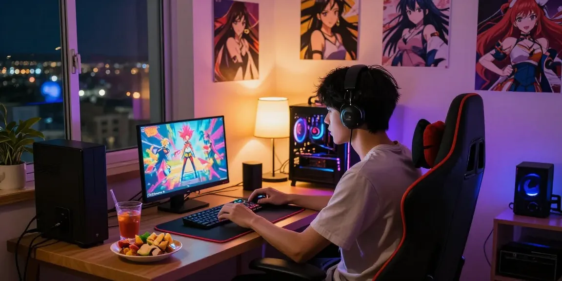Engaging gamer enjoying free hentai games in a cozy bedroom setting with vibrant lighting.