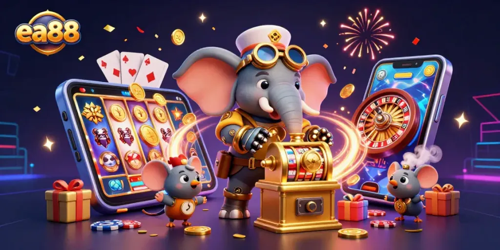 Play engaging slots with ea88 featuring a whimsical steampunk elephant and rich casino elements.