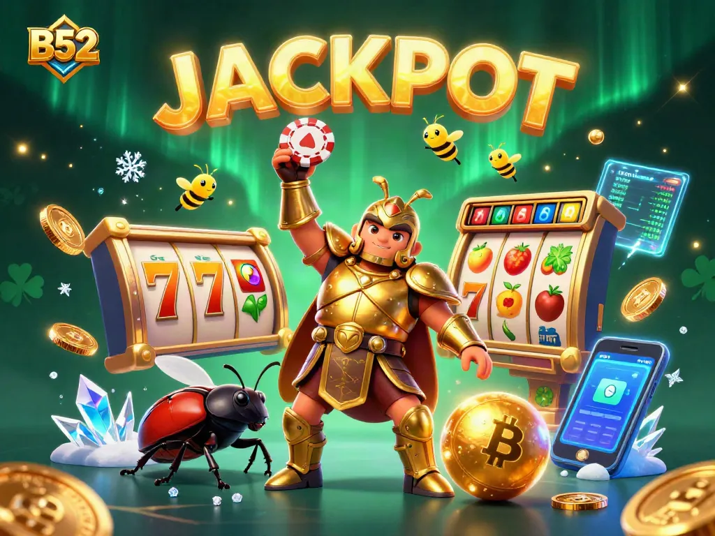 B52 casino illustration featuring a victorious beetle with poker chips, jackpot symbols, and vibrant slot elements.