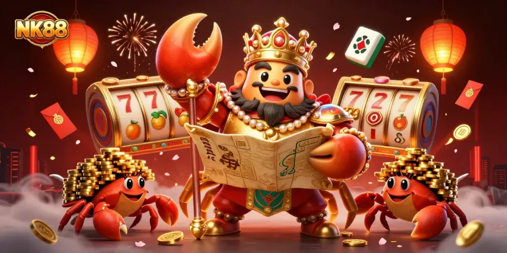 Generate excitement by winning big with NK88, vibrant casino-themed illustration featuring a golden crab emperor.