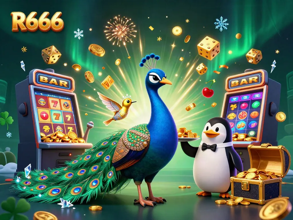 Experience R666 excitement with a dazzling casino scene featuring rich colors and animated slot machine action.