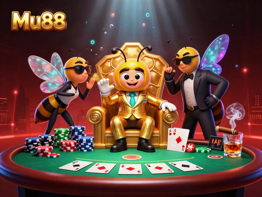 Mu88 casino illustration showcasing a bumblebee mob boss, poker chips, and cards for gamers.