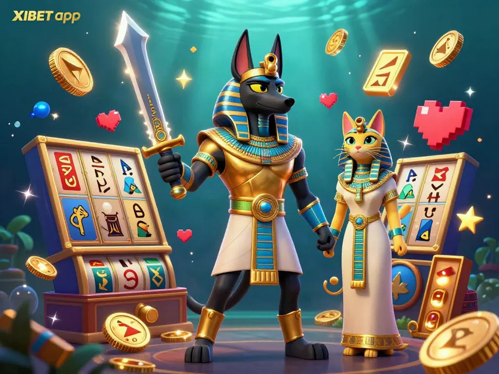 Experience the XIBET app with Anubis and Bastet amidst glowing slot reels and vibrant casino elements.