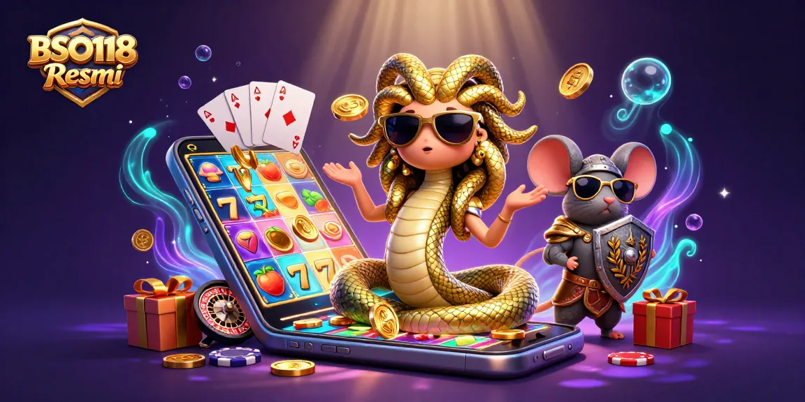 BSO118 Resmi showcases a thrilling casino scene with Medusa, a mouse warrior, and dynamic gambling elements.