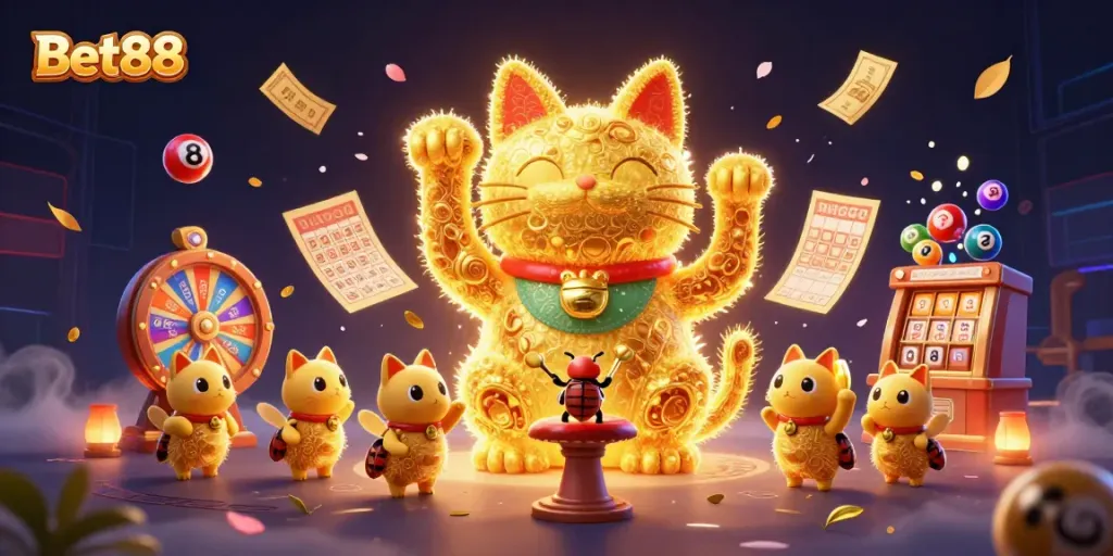 Experience the exciting Bet88 lucky cat illustration dynamic with vibrant casino elements.