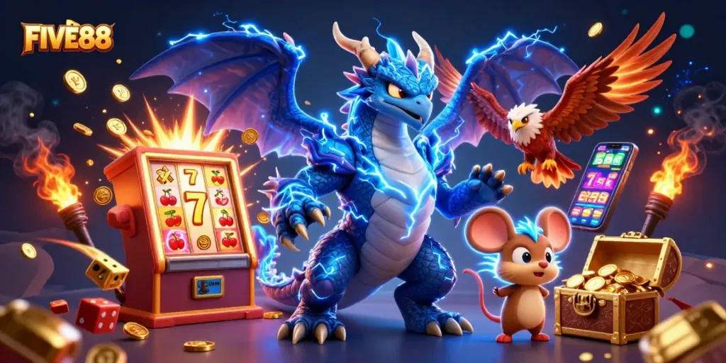 A thrilling FIVE88 gaming scene with a dragon, hawk, and mouse amidst an explosive slot machine jackpot.