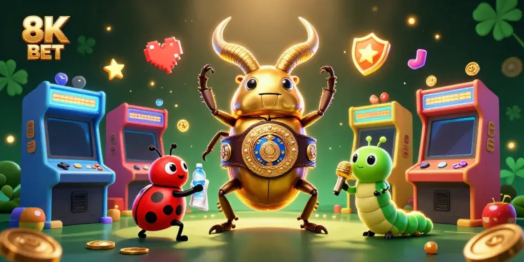 Experience thrilling gaming at 8K BET with vibrant 3D characters and casino elements in a captivating illustration.
