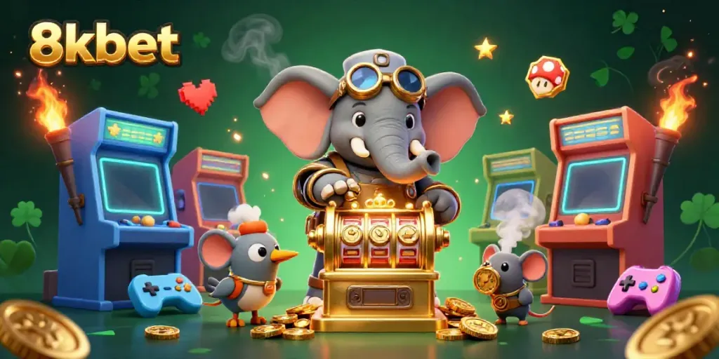 Spin the golden slot machines with 8xbet's dynamic steampunk casino scene featuring vibrant game elements.