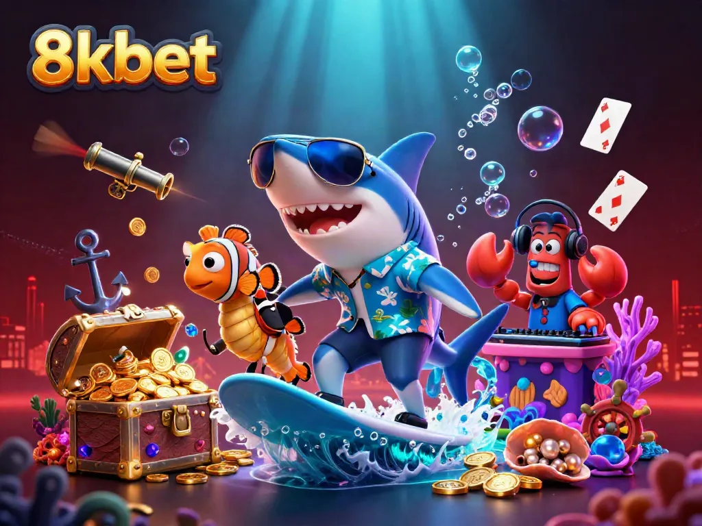 8kbet characters showcase a vibrant underwater casino scene with gold coins and playful sea creatures.