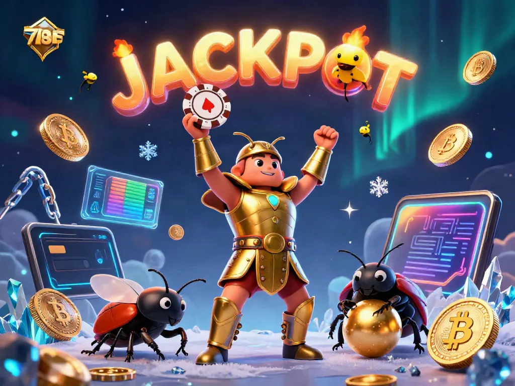 Engaging 789F gaming scene with a 3D hercules beetle champion, crypto coins, and a festive jackpot display.
