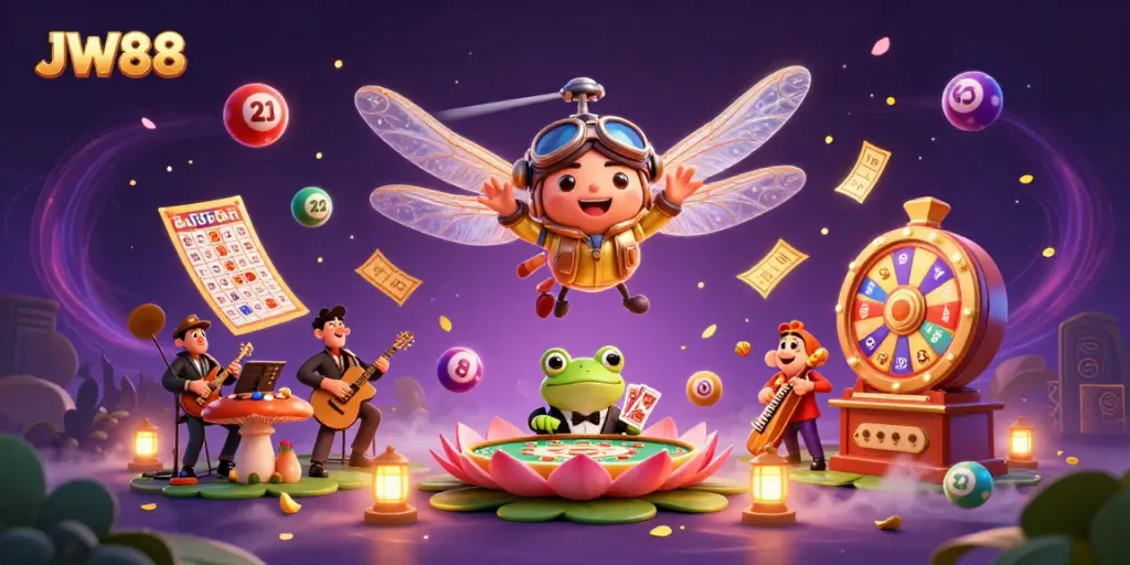 Engage in thrilling moments at JW88 with vibrant casino games featuring a dragonfly pilot, frog croupier, and jazzy crickets.