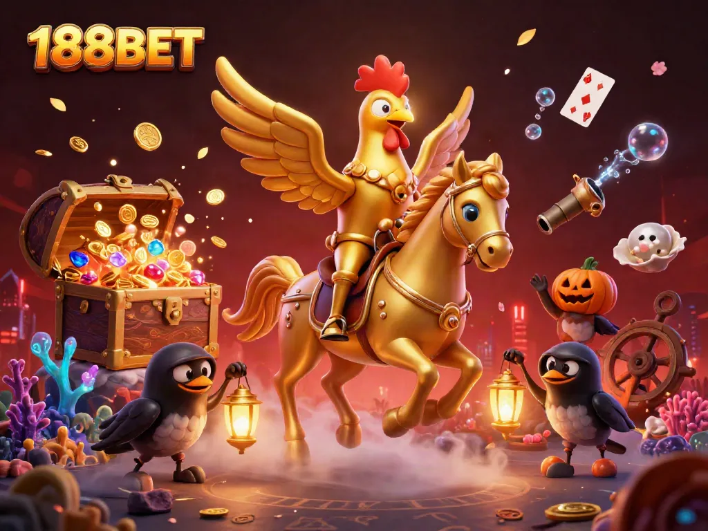 Bet and win at 188BET with a mystical illustration of a golden rooster & its companions in a casino.