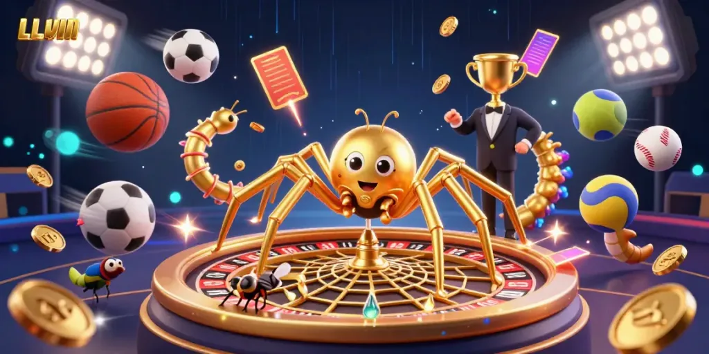 Engage with LLWIN's thrilling online betting experience featuring golden spider and croupier.