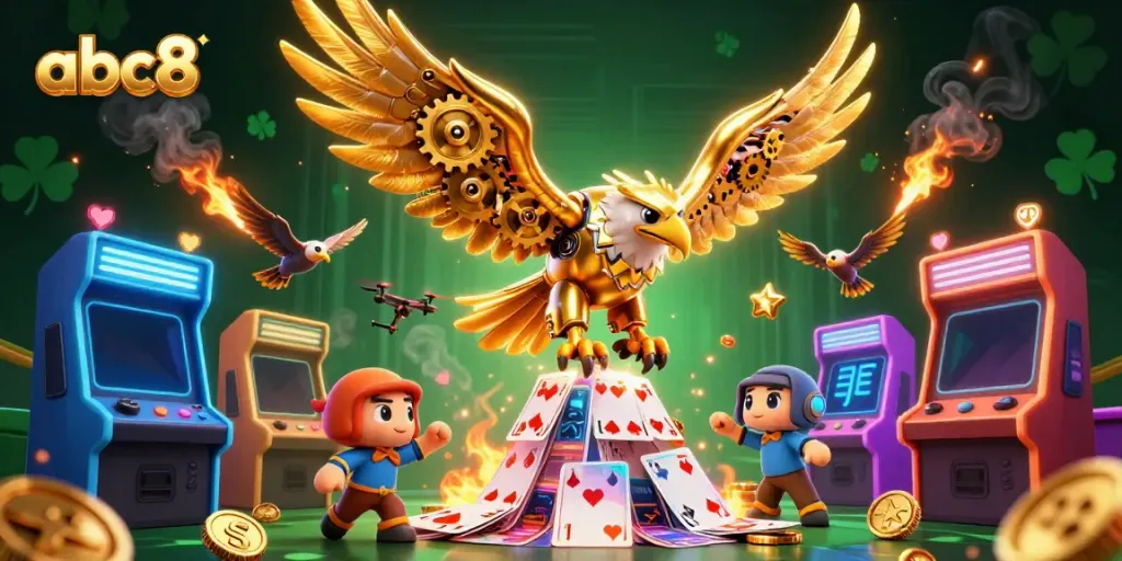 Experience the thrill of abc8 as a cybernetic eagle navigates vibrant casino visuals.
