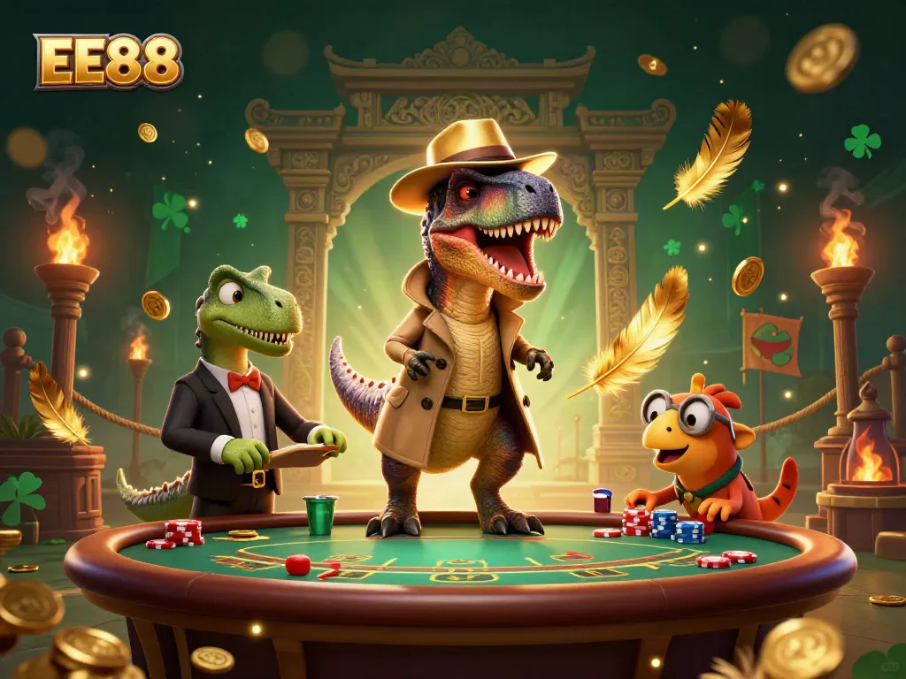 EE88 card counter velociraptor at blackjack table, surrounded by gaming elements and vibrant casino atmosphere