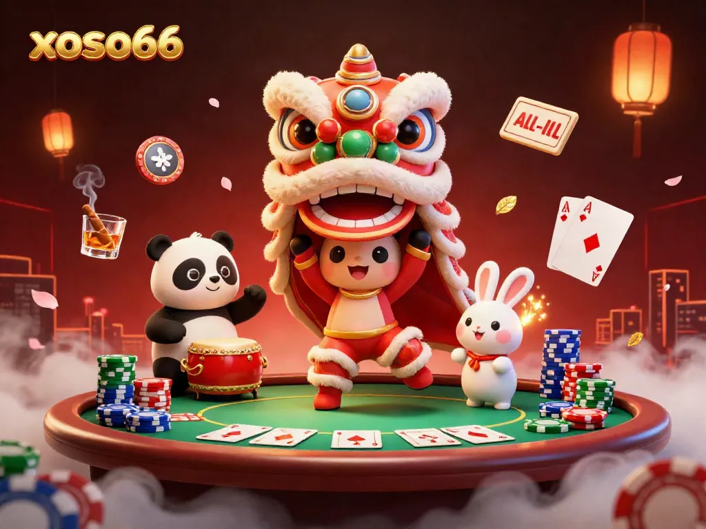 Experience the thrilling vibe of xoso66 with vibrant lion dance characters in a lush casino atmosphere.