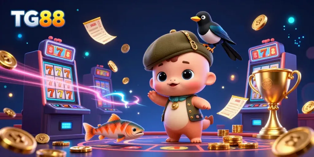 Engage with TG88's unique 3D casino scene filled with dynamic elements and playful characters.