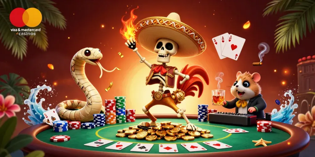 Enjoy thrilling wins at visa & mastercard casinos with a festive illustration featuring cards and coins.