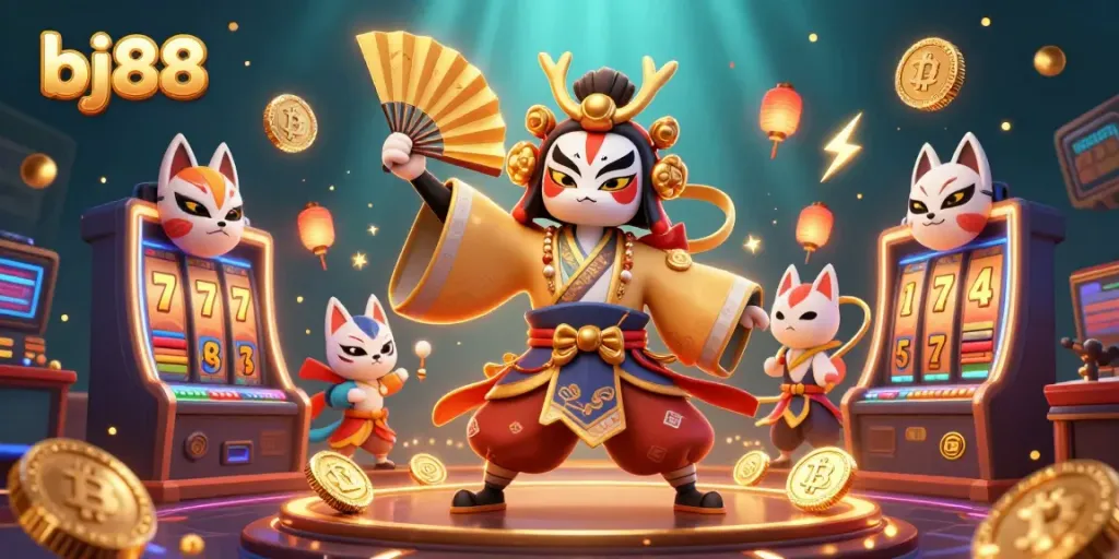 Engage with bj88 casino excitement in a vibrant 3D illustration featuring various slot games and characters.