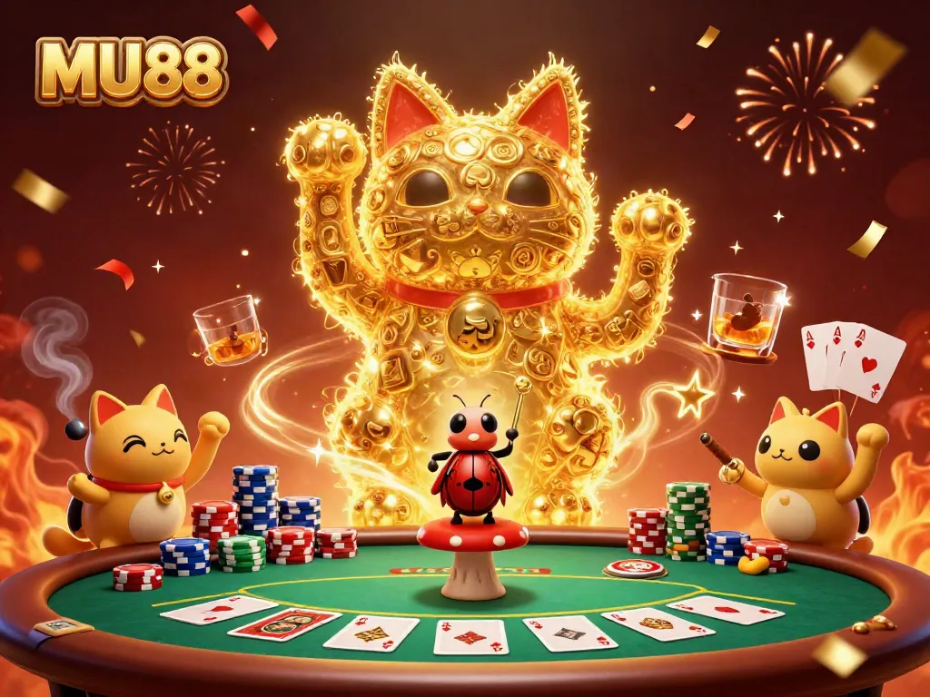 Engage with MU88's games featuring a dynamic golden lucky cat and exciting poker elements.