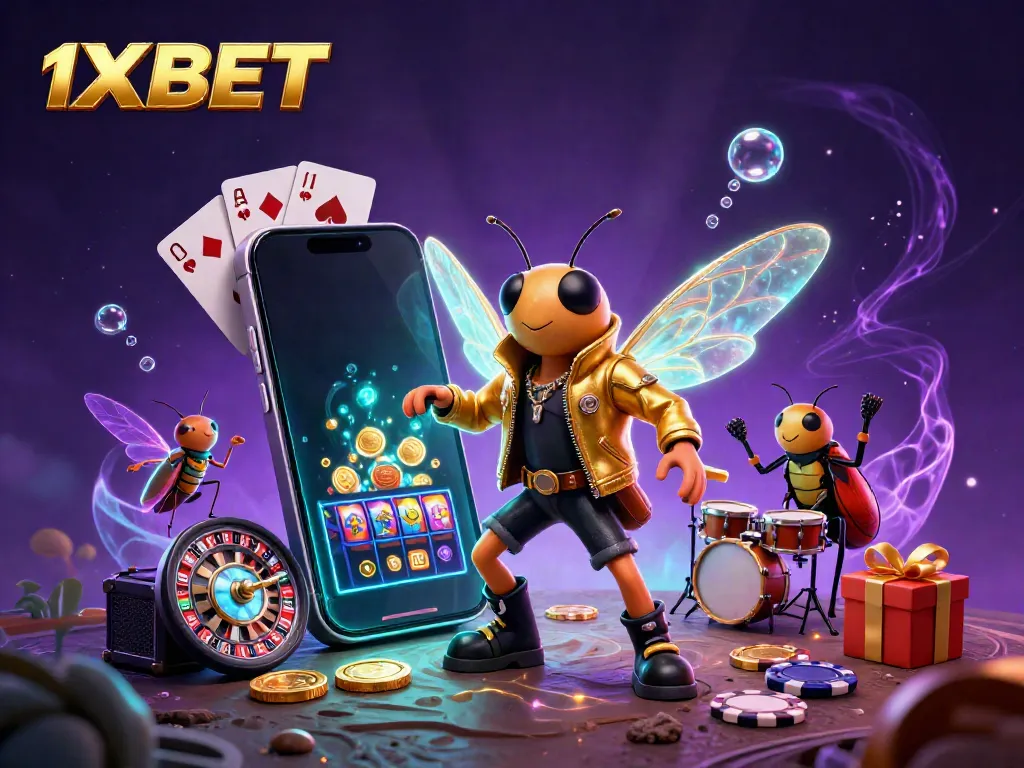 Experience thrilling gaming with 1XBET's vibrant scene of a rock star cicada, showcasing slots and casino action.