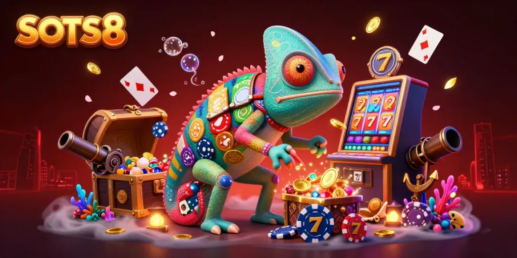Experience high-stakes fun with SLOTS8 amidst treasure and vibrant slot elements in this rich casino scene.