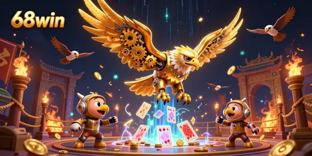 Experience the excitement of 68win as a cybernetic eagle dives through holographic cards with vibrant casino elements.