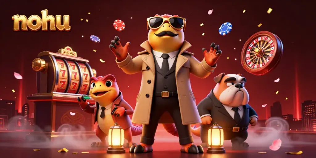 Nohu raptors in trench coat attempt entry into a playful casino scene filled with vibrant gambling elements.