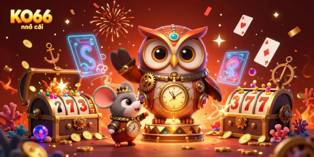 Experience thrilling gameplay with KO66 nhà cái in this vibrant 3D casino illustration showcasing dynamic character interactions and exciting game elements.