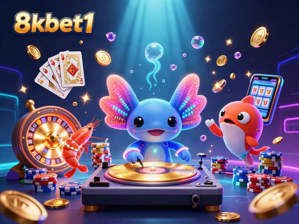 Engage in thrilling gameplay at 8xbet1 with a vibrant 3D casino scene featuring an axolotl DJ and gaming elements.